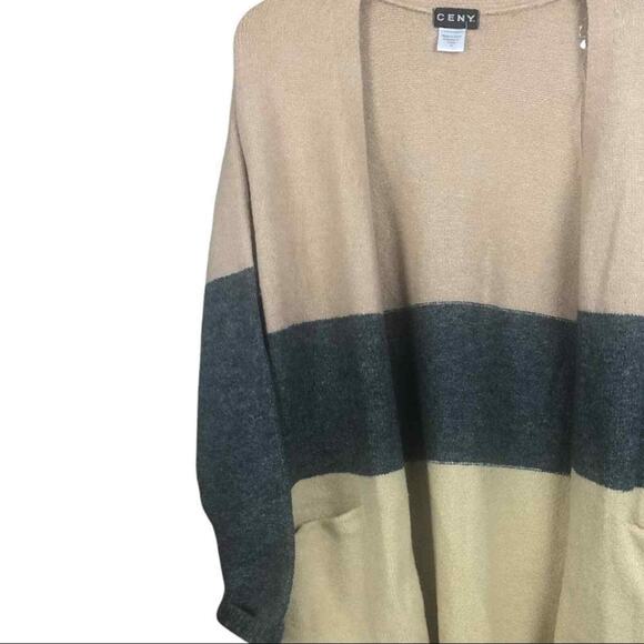 CENY Women’s Cardigan M Tan Gray Colorblock Open Front Pockets NWOT - Picture 4 of 16